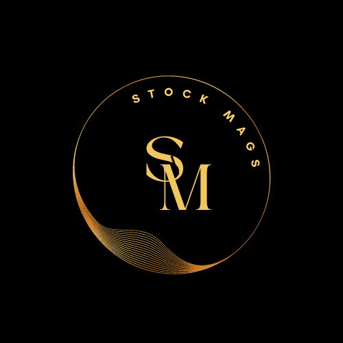 Stock trading strategies logo with black background and gold text and design elements.