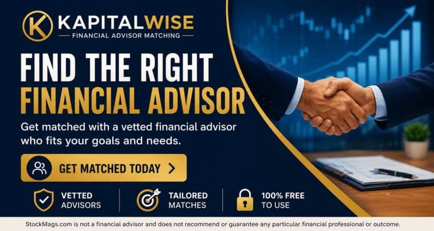 Handshake between a client and a financial advisor with stock market charts in the background, promoting financial advisor matching services.