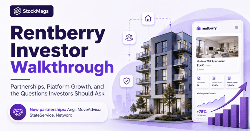 Modern apartment building with Rentberry app interface and growth graph, illustrating platform expansion and investment opportunities.
